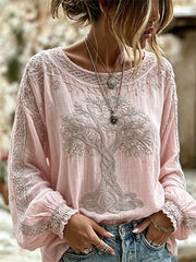 Women's Vintage Viking Tree of Life Print Cotton-Linen Shirt