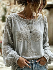 Women's Vintage Viking Tree of Life Print Cotton-Linen Shirt