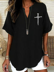 Women's Cross Print Casual Solid-Color V-Neck Short-Sleeve Shirt