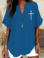 Women's Cross Print Casual Solid-Color V-Neck Short-Sleeve Shirt
