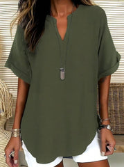 Women's Casual Solid-Color V-Neck Short-Sleeve Shirt