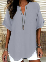 Women's Casual Solid-Color V-Neck Short-Sleeve Shirt