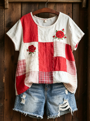 Women's Rose Print linen short-sleeved T-shirt