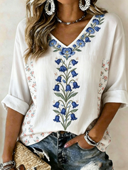 Women's Bluebell Print linen short-sleeved T-shirt