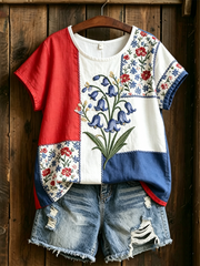 Women's Bluebell Print linen short-sleeved T-shirt