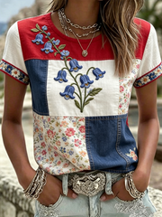 Women's Bluebell Print linen short-sleeved T-shirt