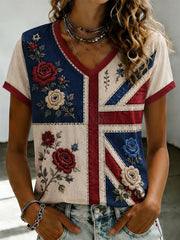 Women's British style Plants And Flowers Print V-Neck Casual T-Shirt
