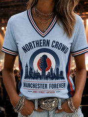 Women's Retro Rock Band Print Casual V-Neck Tee