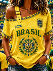 Women's Brazil Football Fan Gift Off-the-Shoulder Short-Sleeve T-Shirt