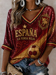 Women's Spain Football Mid-length Sleeves V-Neck T-Shirt