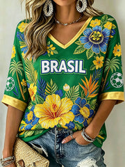 Women's Retro Brazilian Rainforest Style Football Fan Art Print Mid-length Sleeves V-Neck T-Shirt