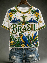 Women's Brazil Football Fan Gift Printed Casual Short Sleeve T-shirt
