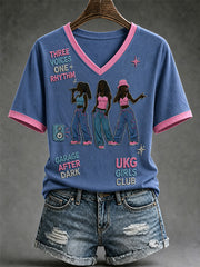Women's Y2K UK Garage Girl Trio Print Casual V-Neck Tee