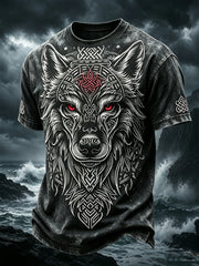 Men's retro Viking wolf pattern printed casual short-sleeve T-shirt