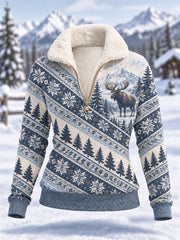 Women's Winter Moose Print Casual Composite Fleece Hoodie