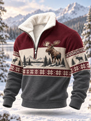 Men's Winter Moose Print Casual Plush Zipper Pullover