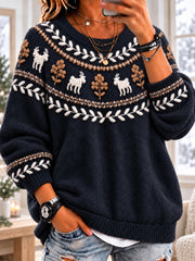 Women's Nordic Woodland Goat & Leaf Fuzzy Crewneck Sweater