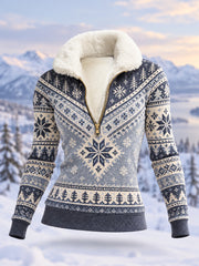 Women's Geometric Motifs Print Casual Plush Zipper Pullover