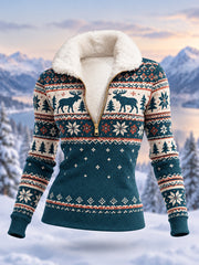 Women's Geometric Motifs Moose Print Casual Plush Zipper Pullover