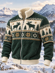 Men's Geometric Motifs Moose Print Casual Flannel Zipper Jacket