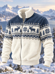Men's Geometric Motifs Moose Print Casual Flannel Zipper Jacket
