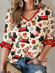Women's Scottish Christmas Printed Mid-length Sleeves V-Neck T-Shirt
