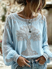 Women's Vintage Viking Tree of Life Print Cotton-Linen Shirt