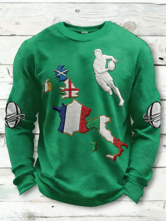 Men's Rugby Lover Game of Nations Printed Waffle Long Sleeve Top