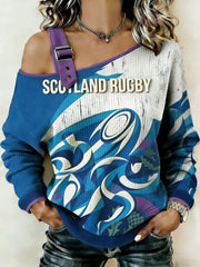 Women's Scotland Rugby Lover Printed Casual Off-Shoulder Sweatshirt