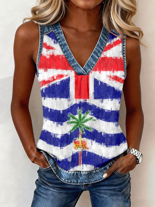 Women's British flag print V-neck tops