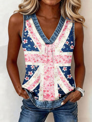 Women's British Flag Floral Print V-Neck Tops
