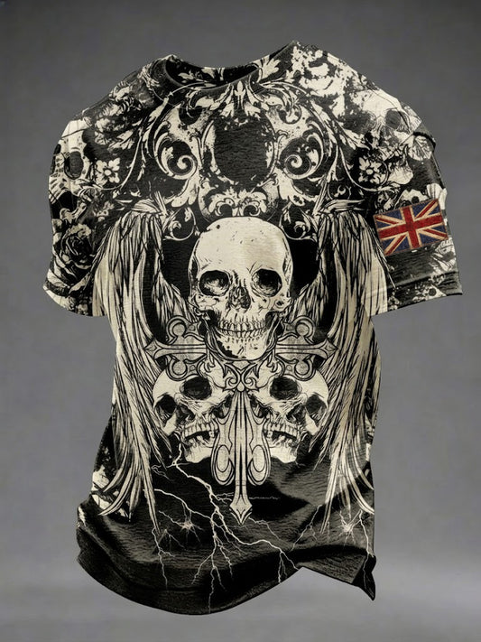 Men's Gothic Skull UK Flag Printed T-shirt