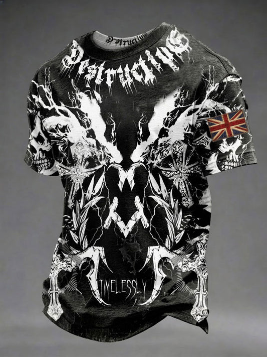 Men's Gothic Skull UK Flag Printed T-shirt