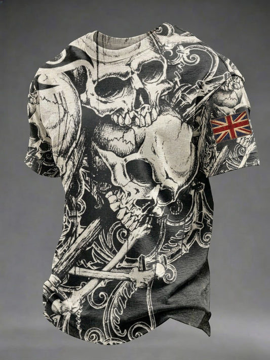 Men's Gothic Skull UK Flag Printed T-shirt