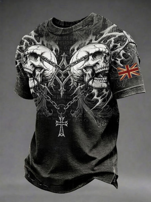 Men's Gothic Skull UK Flag Printed T-shirt