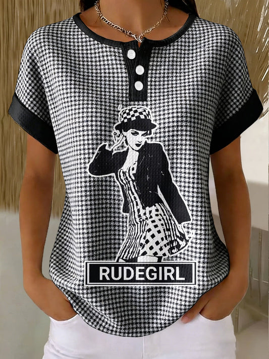 Women's 2 Rude Music Lover Checkerboard Printed Waffle Tops