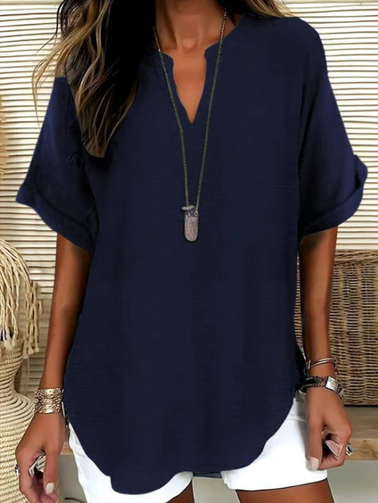 Women's Casual Solid-Color V-Neck Short-Sleeve Shirt