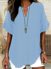 Women's Casual Solid-Color V-Neck Short-Sleeve Shirt