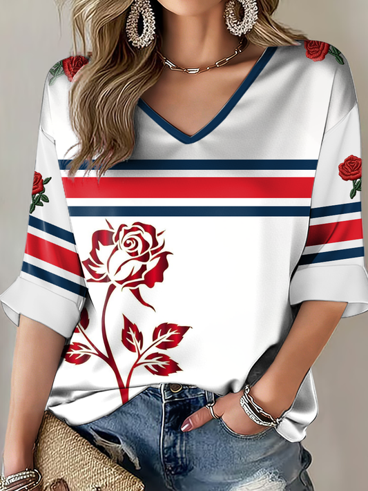 Women's England Rugby Lover Printed Mid-length Sleeves V-Neck T-Shirt