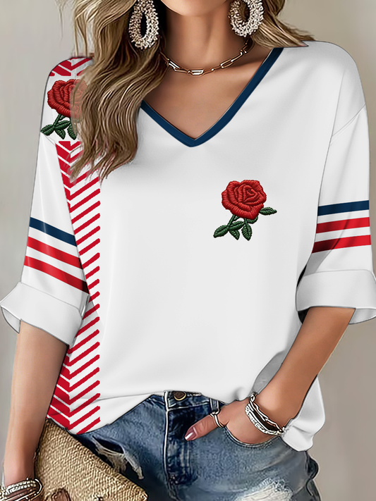 Women's England Rugby Lover Printed Mid-length Sleeves V-Neck T-Shirt