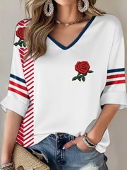 Women's England Rugby Lover Printed Mid-length Sleeves V-Neck T-Shirt