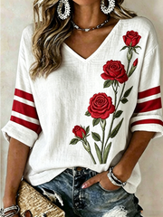 Women's Rose Print Mid-length Sleeves V-Neck T-Shirt