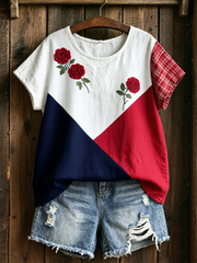 Women's Floral Print linen short-sleeved T-shirt