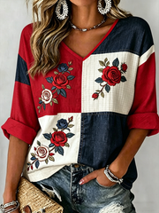 Women's Floral Print Mid-length Sleeves V-Neck T-Shirt
