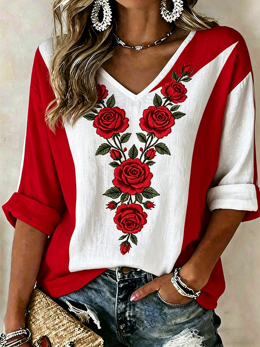 Women's Floral Print Mid-length Sleeves V-Neck T-Shirt