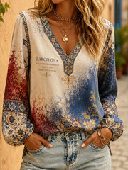 Women's Barcelona Floral Art Printed Linen Tops