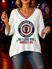 Women's Retro Northern Soul Do I Love You Indeed I Do Print Casual Mid-length Sleeves V-Neck T-Shirt