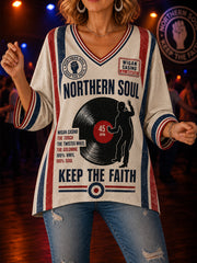 Women's Retro Northern Soul Keep The Faith Print Casual Mid-length Sleeves V-Neck T-Shirt