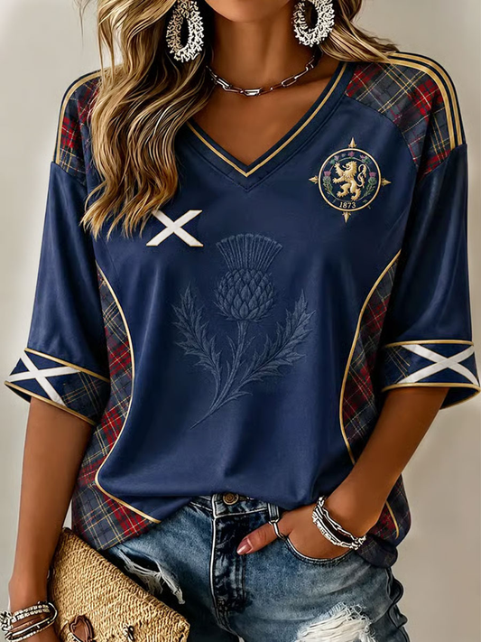 Women's Scotland Printed Mid-length Sleeves V-Neck T-Shirt