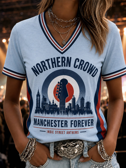 Women's Retro Rock Band Print Casual V-Neck Tee